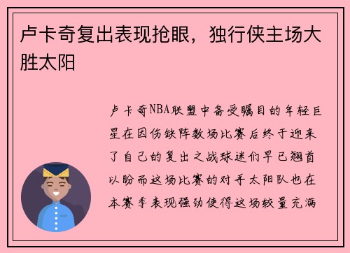 卢卡奇复出表现抢眼，独行侠主场大胜太阳